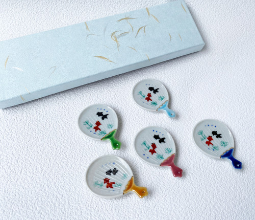 Kyo Kiyomizu yaki ware Japanese Chopstick rest Hashioki 5pcs Uchiwa kingyo Japan