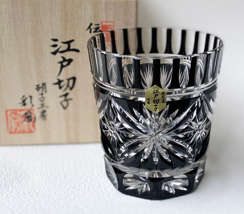Edo Kiriko Japanese Whiskey Rock Glass Kenbishi Sword Rhombus Star Black Japan