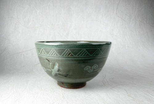 Kyo Kiyomizu yaki ware Japanese Matcha Tea bowl Celadon Crane Cloud Japan