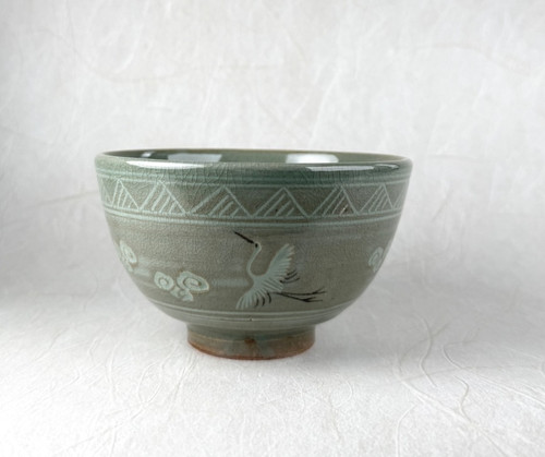 Kyo Kiyomizu yaki ware Japanese Matcha Tea bowl Celadon Crane Cloud Japan