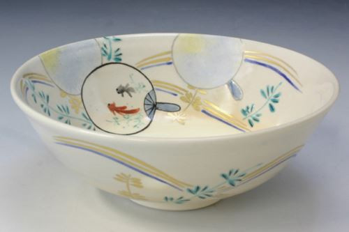 Kyo Kiyomizu yaki ware Japanese flat matcha bowl Uchiwa Goldfish Japan