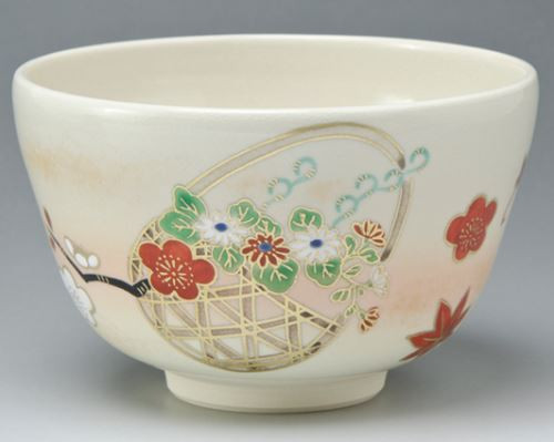 Kyo Kiyomizu yaki ware Japanese Matcha Tea bowl Hana Asobi painting Japan