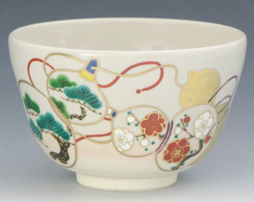 Kyo Kiyomizu yaki ware Japanese Matcha Tea bowl Six gourd pattern Kinsai Japan