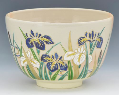 Kyo Kiyomizu yaki ware Japanese Matcha Tea bowl Navy Iris golden color Japan