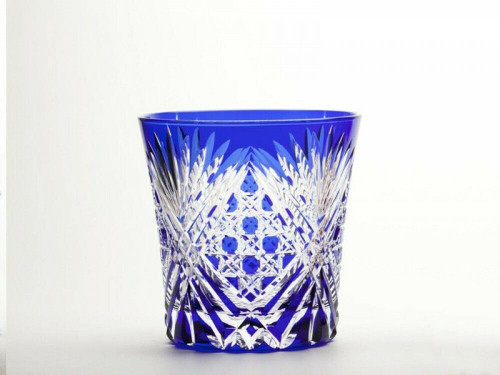 Edo Kiriko Japanese Whiskey Rock Glass Shochu Octagon Kagome pattern Blue Japan