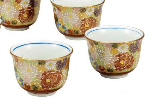 Kutani yaki ware Japanese Green Tea Cup Kumidashi Set Gold Hanadume Japan