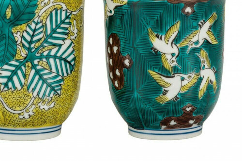 Pair Yunomi Kutani yaki ware Japanese green tea cup Old Kutani Auspicious patern