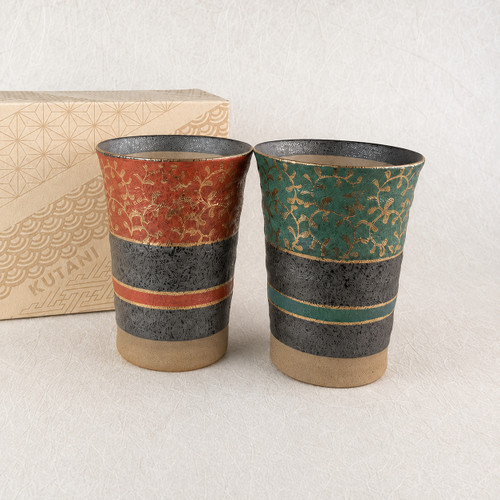 Pair Kutani yaki ware Japanese Ceramic Tumbler Beer Sake cup Gold Arabesque