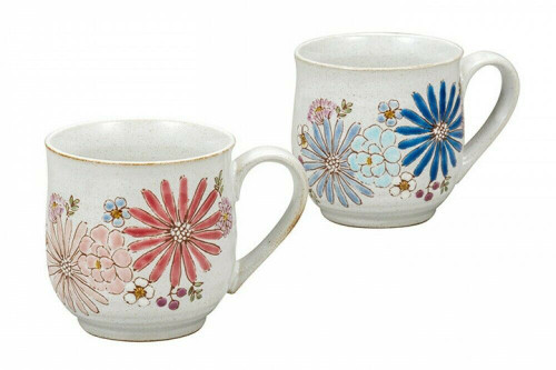 Pair Kutani yaki ware Mug Tea Coffee Cup set of 2 Hana Flower Iroe-Yu Kilin