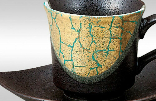 Kutani yaki ware Japanese Coffee Cup and Saucer Kinpaku Gold foil