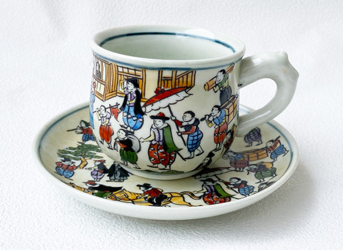 Arita yaki ware Japanese Coffee cup and saucer Emaki Picture scroll handpaint