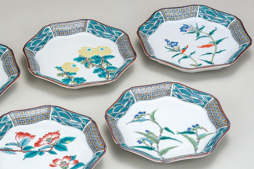 Kutani yaki ware Japanese Plate Dish set of 5 5 Flowering plant 6.5' 20cm