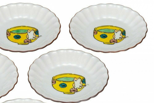 Kutani Yaki Oggetto Giapponese Piastra Piattino Set Di 5 Chawan Neko Cat Piatto