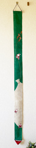 Kyoto Tapestry Wall Hanging Handpainted Linen Santa in treasure sacks Christmasn