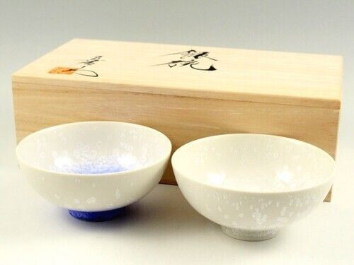 Pair Arita yaki porcelain Japanese Rice bowl Gohan Aizome Suiteki White Tenmoku
