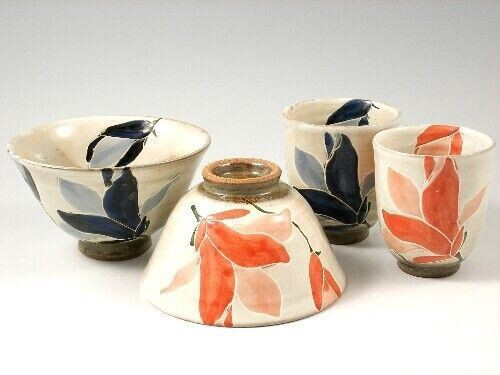 Arita yaki ware Japanese Rice bowl Tea cup Yunomi Chawan set Magnolia Black Red