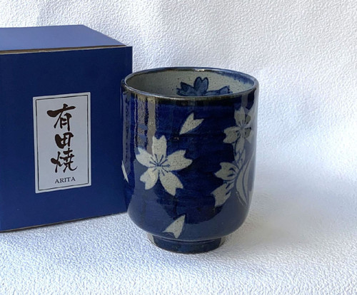 Arita yaki ware Japanese Green Tea cup Yunomi Sakura Runningwater Blue L