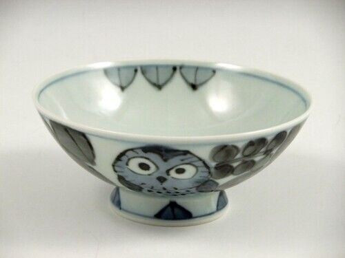 Arita yaki porcelain Japanese Rice Bowl Gohan Chawan Auspicious Owl Fukuro L