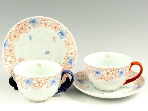 Pair Arita yaki porcelain Japanese Coffee cup and saucer Somenishiki Cherry