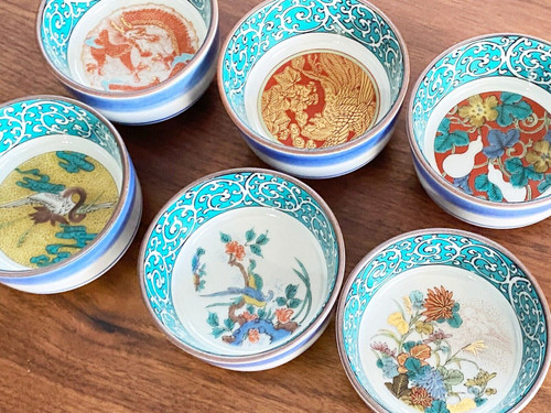 Ochoko Guinomi Kutani yaki porcelain japanese Sake cup Era picture Jidaie 6set