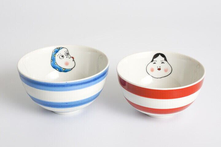 Pair Gohan Chawan Kutani yaki Japanese Rice bowl Okame Hyottoko Japan