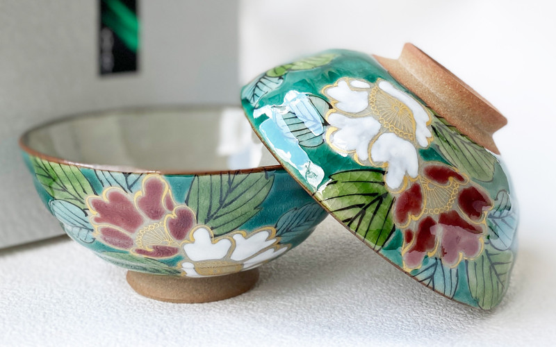 Pair Gohan Chawan Kutani yaki Japanese Rice bowl Green Sazanka Camellia Japan