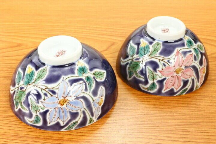 Pair Gohan Chawan Kutani yaki Japanese Rice bowl Bizan Purple Clematis Japan