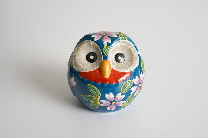 Kutani yaki porcelain Japanese Owl doll ornaments Fukuro Deep blue Sakura mori