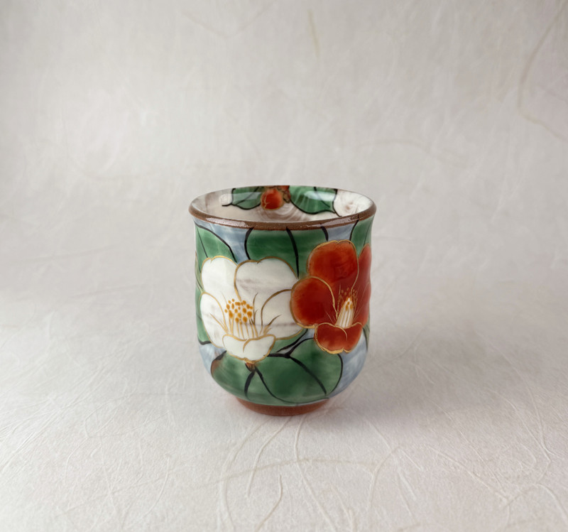 Yunomi Kyo Kiyomizu yaki ware Hana tsudoi Japanese Green tea cup Camellia Japan