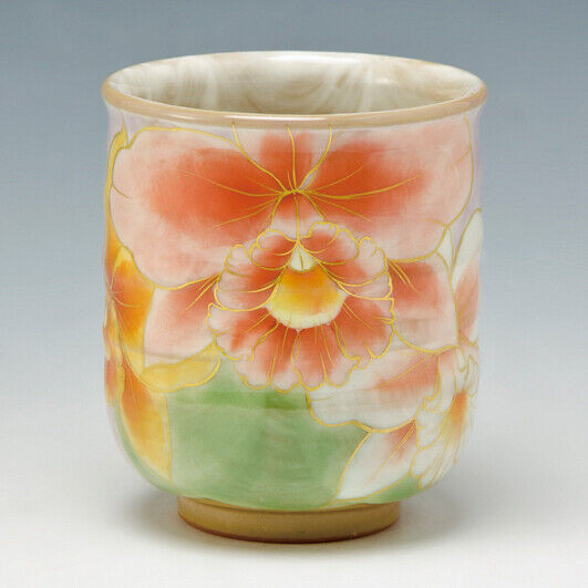 Yunomi Kyo Kiyomizu yaki ware Hana tsudoi Japanese Green tea cup Orchid Japan