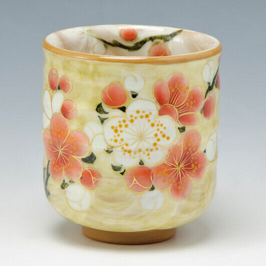 Yunomi Kyo Kiyomizu yaki ware Hana tsudoi Japanese Green tea cup Plum Ume Japan