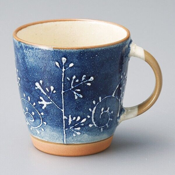 Mino ware Japanese pottery Mug Coffee Tea cup Blue Glaze Tree pattern Japan