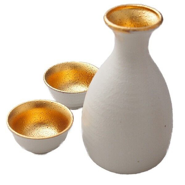Guinomi Tokkuri Mino yaki ware Japanese pottery Sake cup bottle set White Gold