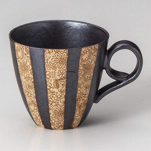 Mino ware Japanese pottery Mug Coffee Tea cup Black Tokusa stripe little flower