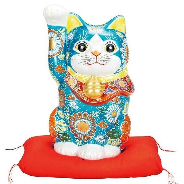 Maneki neko Kutani yaki porcelain Japanese Lucky cat Deep Blue mori Big 9.64in