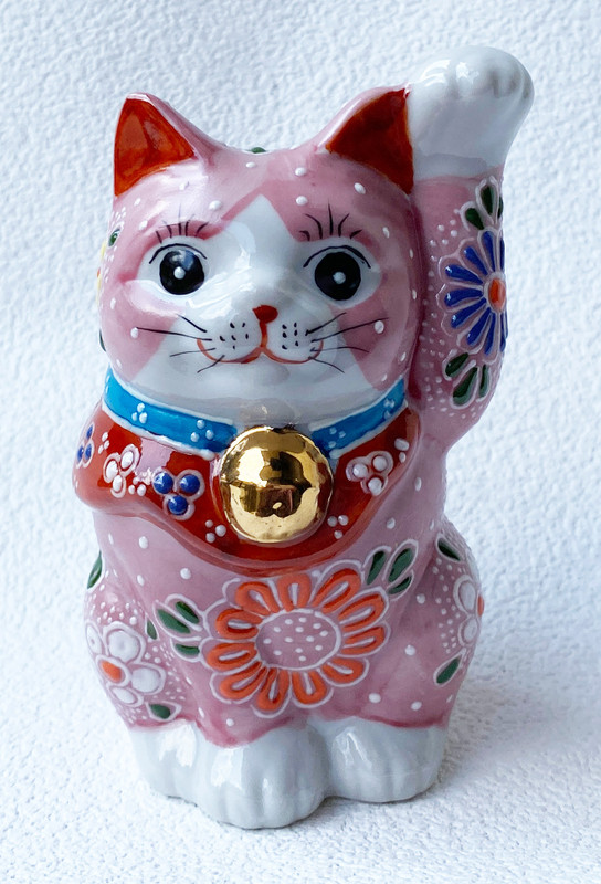 Maneki neko Kutani yaki porcelain Japanese Lucky cat Pink Mori 10.2cm Japan