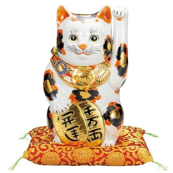 Maneki neko Kutani yaki porcelain Japanese Lucky cat Gold Calico Mike10in Big