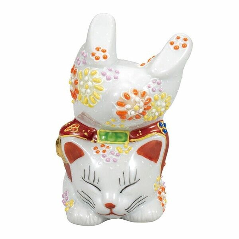 Maneki neko Kutani yaki porcelain Japanese Lucky cat Handstand Hana Chirashi