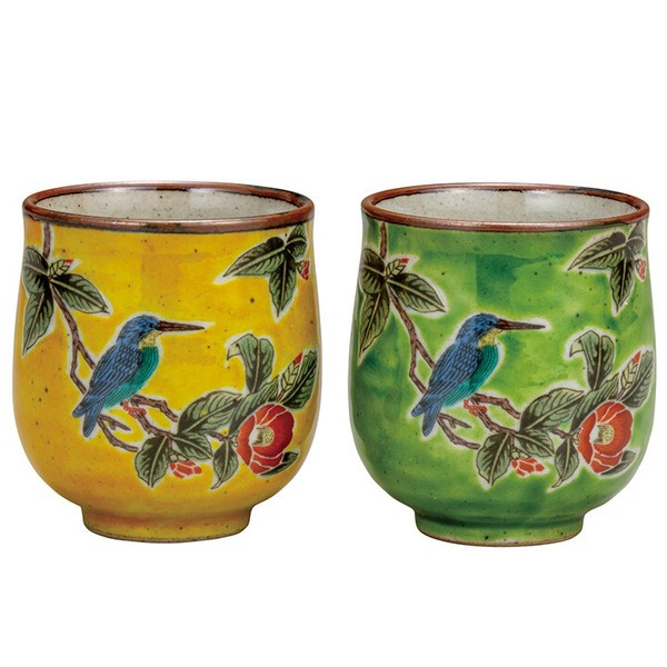 Pair Yunomi Kutani yaki ware Japanese green tea cup set Yusai Flower Bird japan