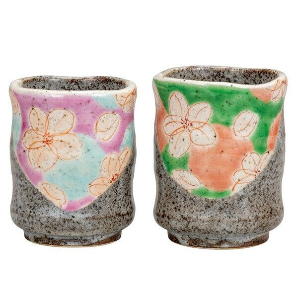 Pair Yunomi Kutani yaki ware Japanese green tea cup set Flower Pink and Green