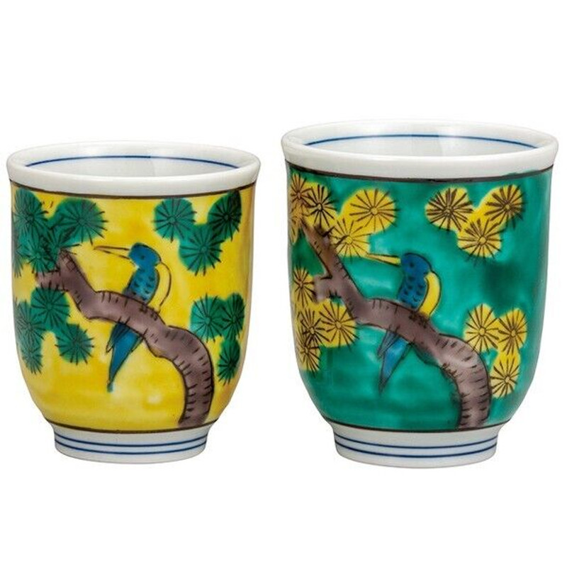 Pair Yunomi Kutani yaki ware Japanese green tea cup set Yoshida-ya Pine and Bird