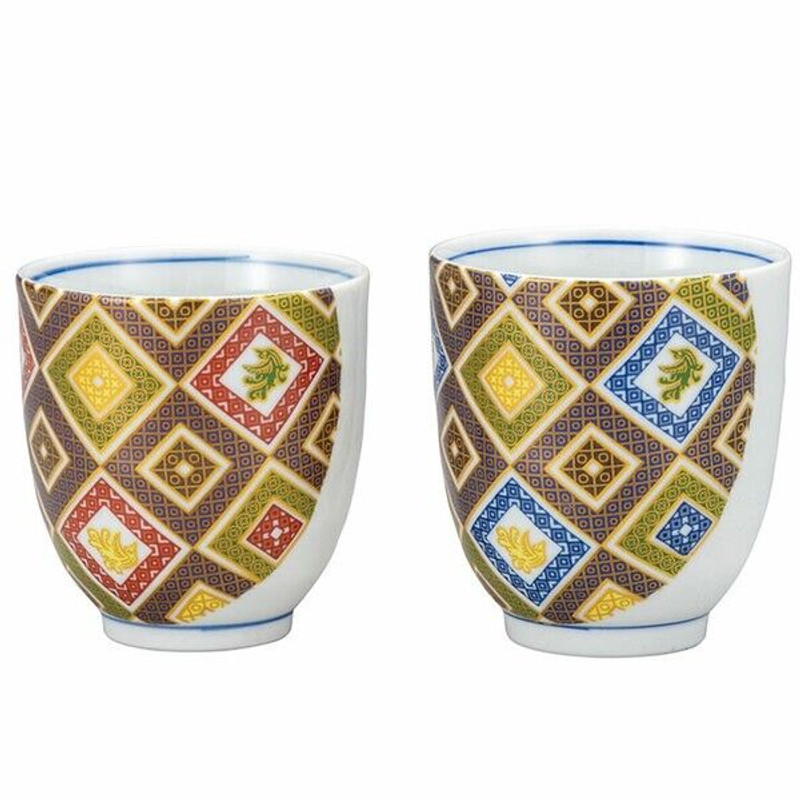Pair Yunomi Kutani yaki ware Japanese green tea cup set Cobblestone Japan
