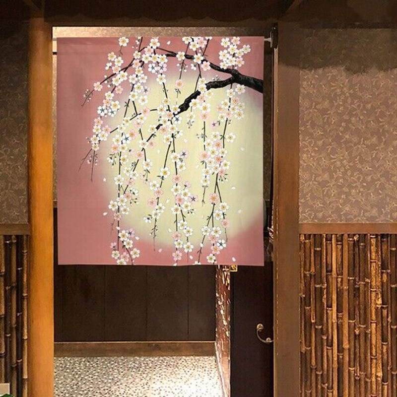 Noren Japanese Hanging Door curtain polyester 33x35' Weeping cherry Moon Pink