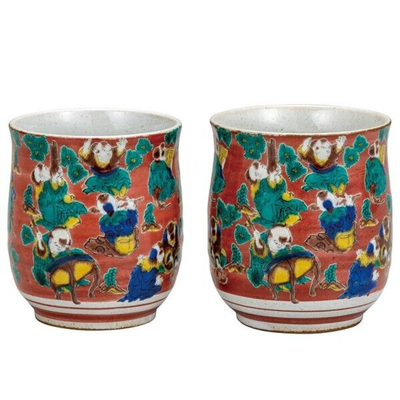 Pair Yunomi Kutani yaki ware Japanese green tea cup set Mokubei Style Japan