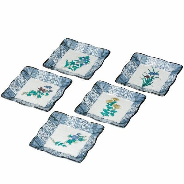 Kutani yaki ware Japanese Small Sauce plate set of 5 Jidai-e Flower pattern