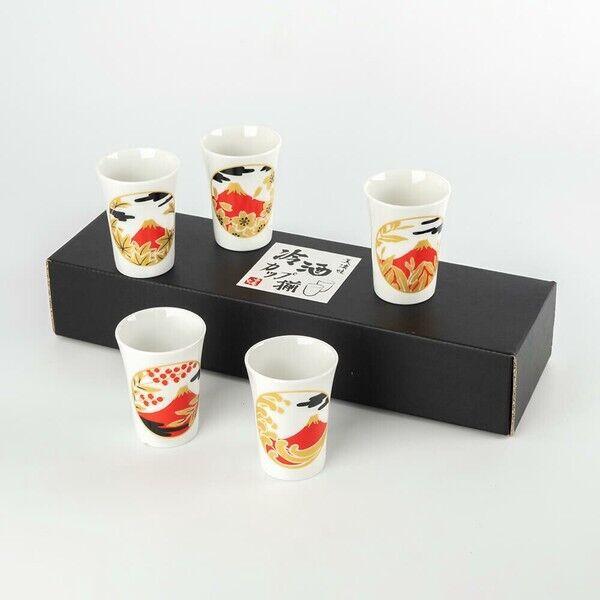 Mino ware Guinomi Japanese Cold Sake Cup Ceramic set of 5 Mt.Fuji disign Japan