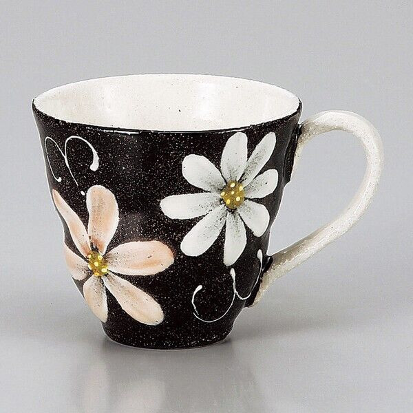 Mino ware Japanese pottery Mug Coffee Tea cupBlack Glaze Flower pattern Japan
