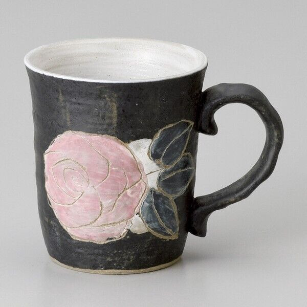 Mino ware Japanese pottery Mug Coffee Tea cup Large Rose pattern Red Japan