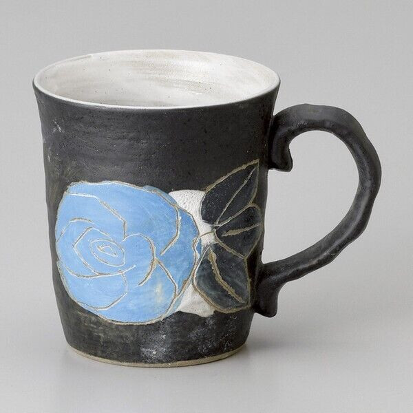 Mino ware Japanese pottery Mug Coffee Tea cup Large Rose pattern Blue Japan
