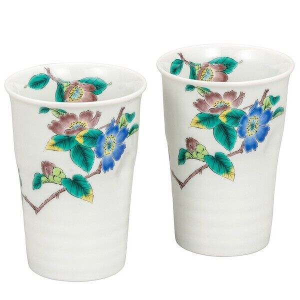 Pair Kutani yaki ware Japanese Sake Beer Water glass cup set Sazanka Japan